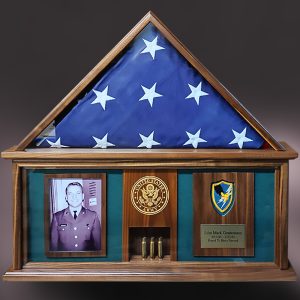 "Doghouse" style flag case for 5x9 flag with 10" base. Walnut Memorial Flag Case